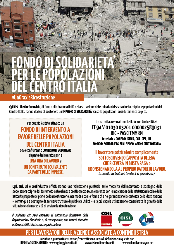 fondo di solidarietà per le popolazioni centro italia settembre 2016